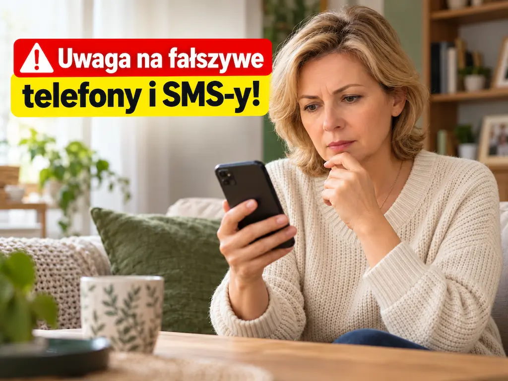 Baner Kobieta ostrzega przed fałszywymi telefonami i SMS-ami